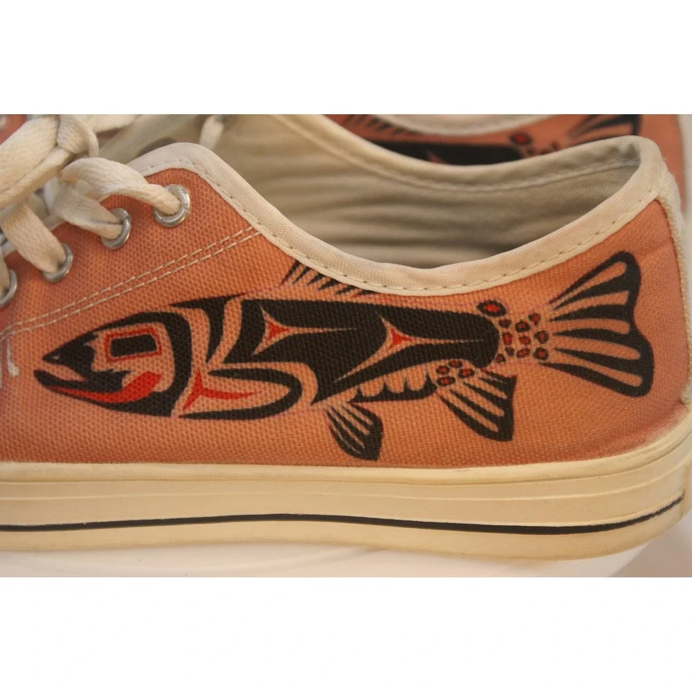 Fish On Salmon Canvas Low Top Sneakers PNW Native‎ Art Style Women 6 EU 39